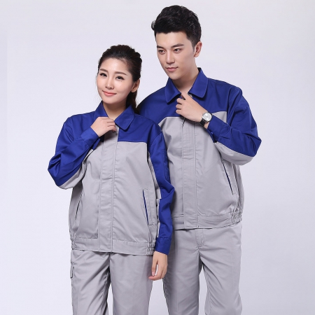 艷藍(lán)配淺灰滌棉紗卡商場超市工作服AC072-CS